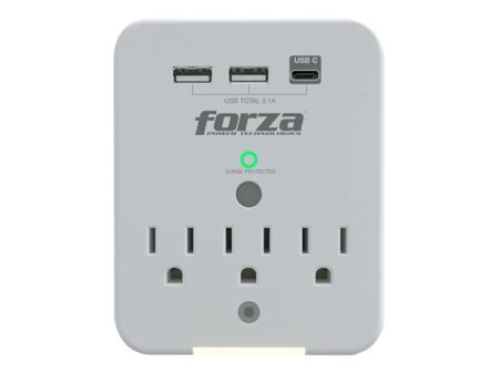 Forza FWT-331USBC - Protector contra sobretensiones (montaje en pared) - CA 125 V - 1875 vatios - conectores de salida: 3 - blanco