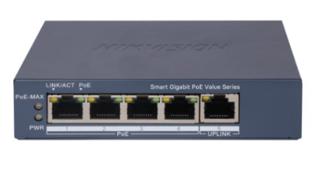 Switch PoE Gigabit Smart administrable de 5 puertos Hikvision DS-3E1505P-EI/M â€” ideal para sistemas de videovigilancia y redes empresariales con 4 puertos PoE + 1 uplink Gigabit, 45 W de energía PoE, funciones de gestión inteligente como VLAN, aislamiento de puertos y PoE Watchdog, y transmisión PoE de largo alcance de hasta 300 m. Ofrece alta capacidad de conmutación (10 Gbps) y protección contra sobretensiones (6 kV) en un diseño metálico compacto para instalación en escritorio o pared.