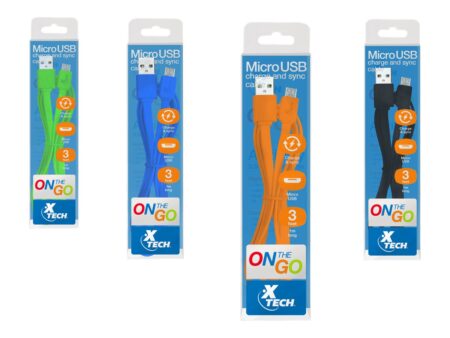 Xtech XTG-231 - Cable USB - USB (M) a Micro-USB tipo B (M) - USB 2.0 - 5 V - 2.4 A - 1 m - plano - negro blanco azul verde naranja (paquete de 10)